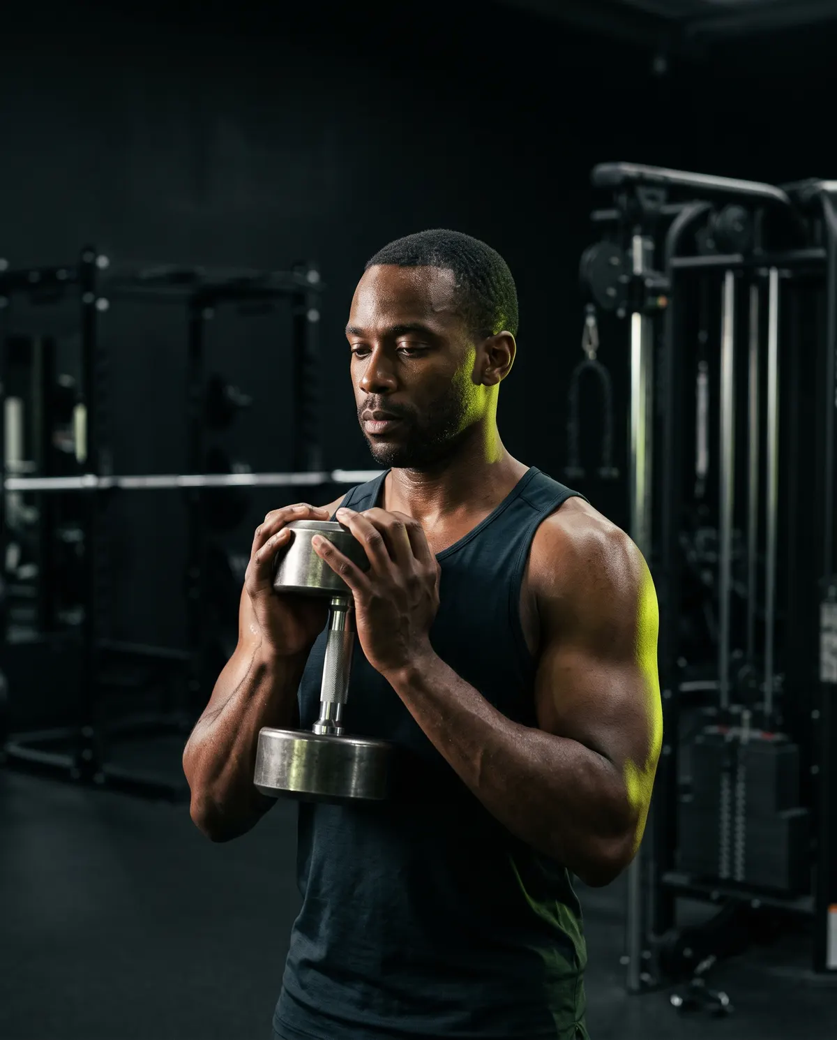 Athlete holding a dumbbell in a dark gym